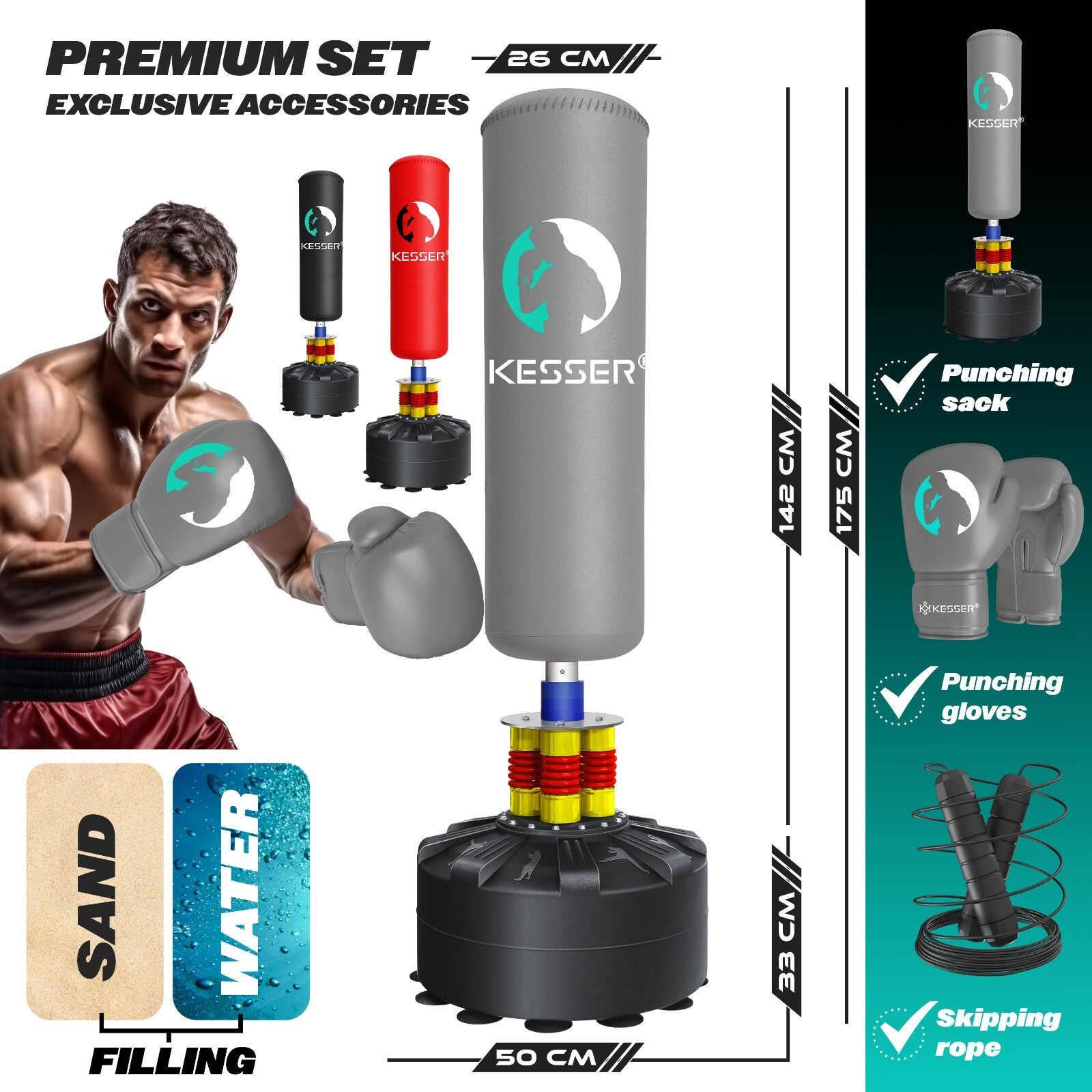 KESSER® Boxsack Set Boxhandschuhe Springseil Box Sandsack Punching Bag Stehend