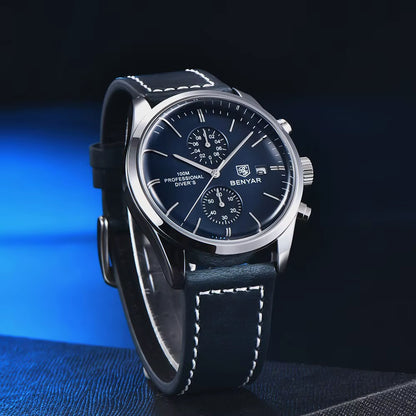 2024 New BENYAR Leather Men Quartz Wristwatches Luxury Brand 100M Waterproof Men Watch Military Sports Chronograph Watch for Men