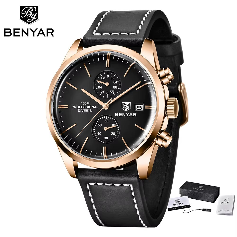 2024 New BENYAR Leather Men Quartz Wristwatches Luxury Brand 100M Waterproof Men Watch Military Sports Chronograph Watch for Men