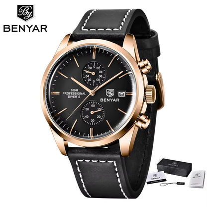 2024 New BENYAR Leather Men Quartz Wristwatches Luxury Brand 100M Waterproof Men Watch Military Sports Chronograph Watch for Men