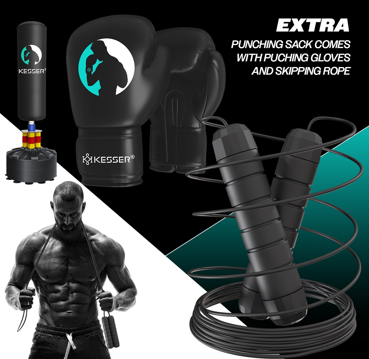KESSER® Boxsack Set Boxhandschuhe Springseil Box Sandsack Punching Bag Stehend
