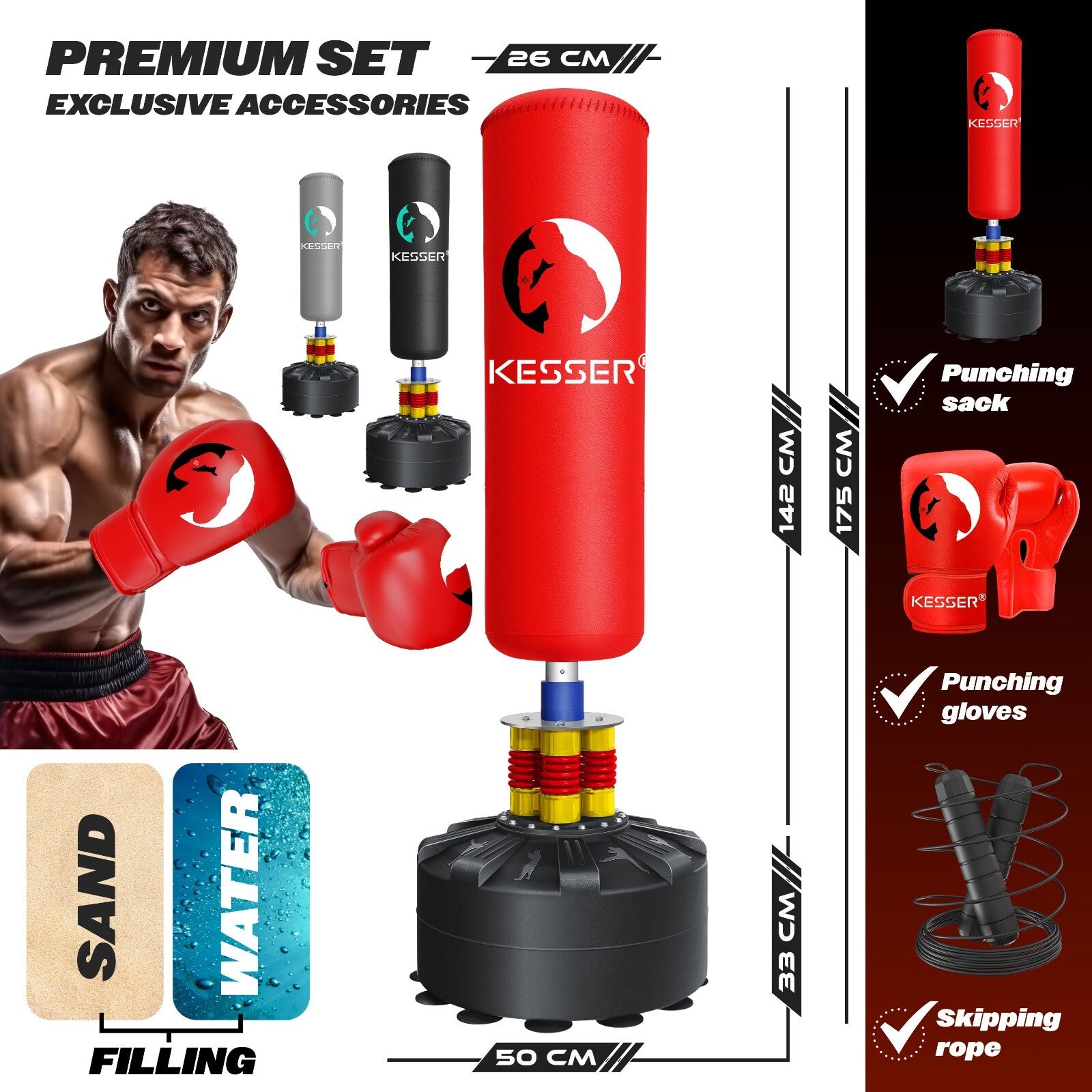 KESSER® Boxsack Set Boxhandschuhe Springseil Box Sandsack Punching Bag Stehend