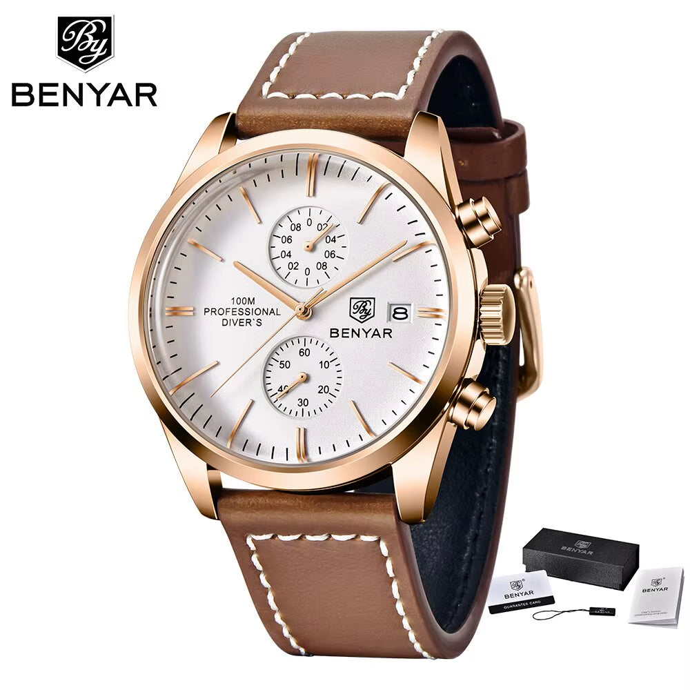 2024 New BENYAR Leather Men Quartz Wristwatches Luxury Brand 100M Waterproof Men Watch Military Sports Chronograph Watch for Men
