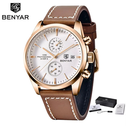 2024 New BENYAR Leather Men Quartz Wristwatches Luxury Brand 100M Waterproof Men Watch Military Sports Chronograph Watch for Men