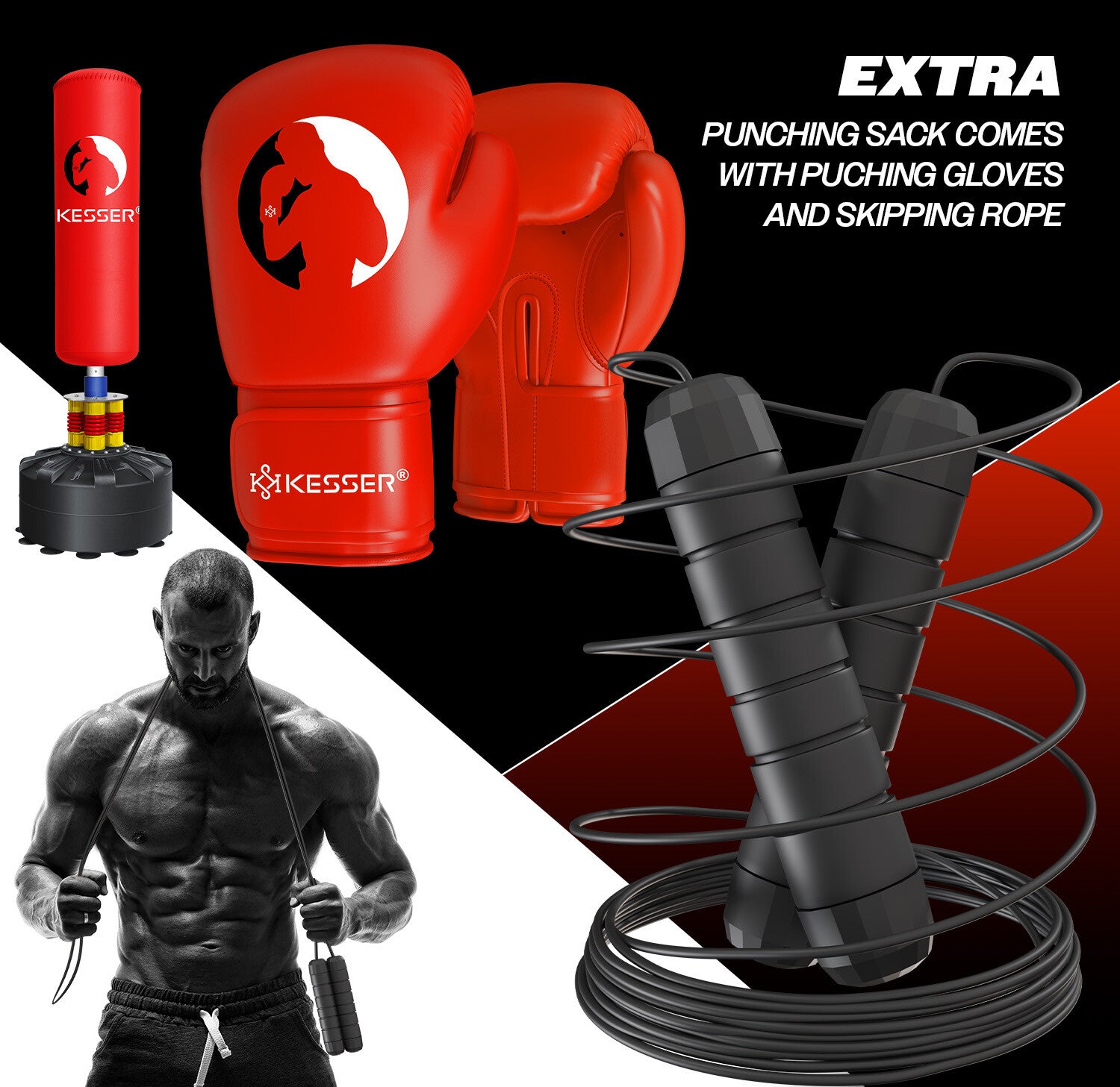KESSER® Boxsack Set Boxhandschuhe Springseil Box Sandsack Punching Bag Stehend
