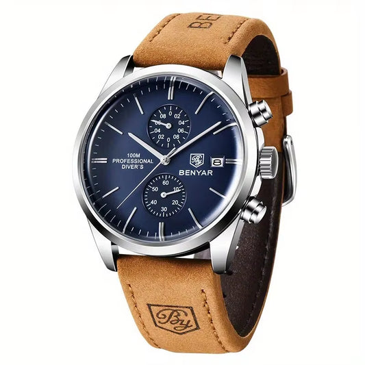 2024 New BENYAR Leather Men Quartz Wristwatches Luxury Brand 100M Waterproof Men Watch Military Sports Chronograph Watch for Men