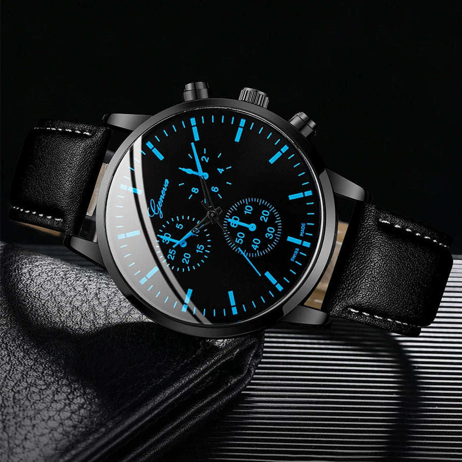 3Pcs/Set Men Business Watches Casual Leather Band Analog Male'S Quartz Watch Necklace Bracelet Set