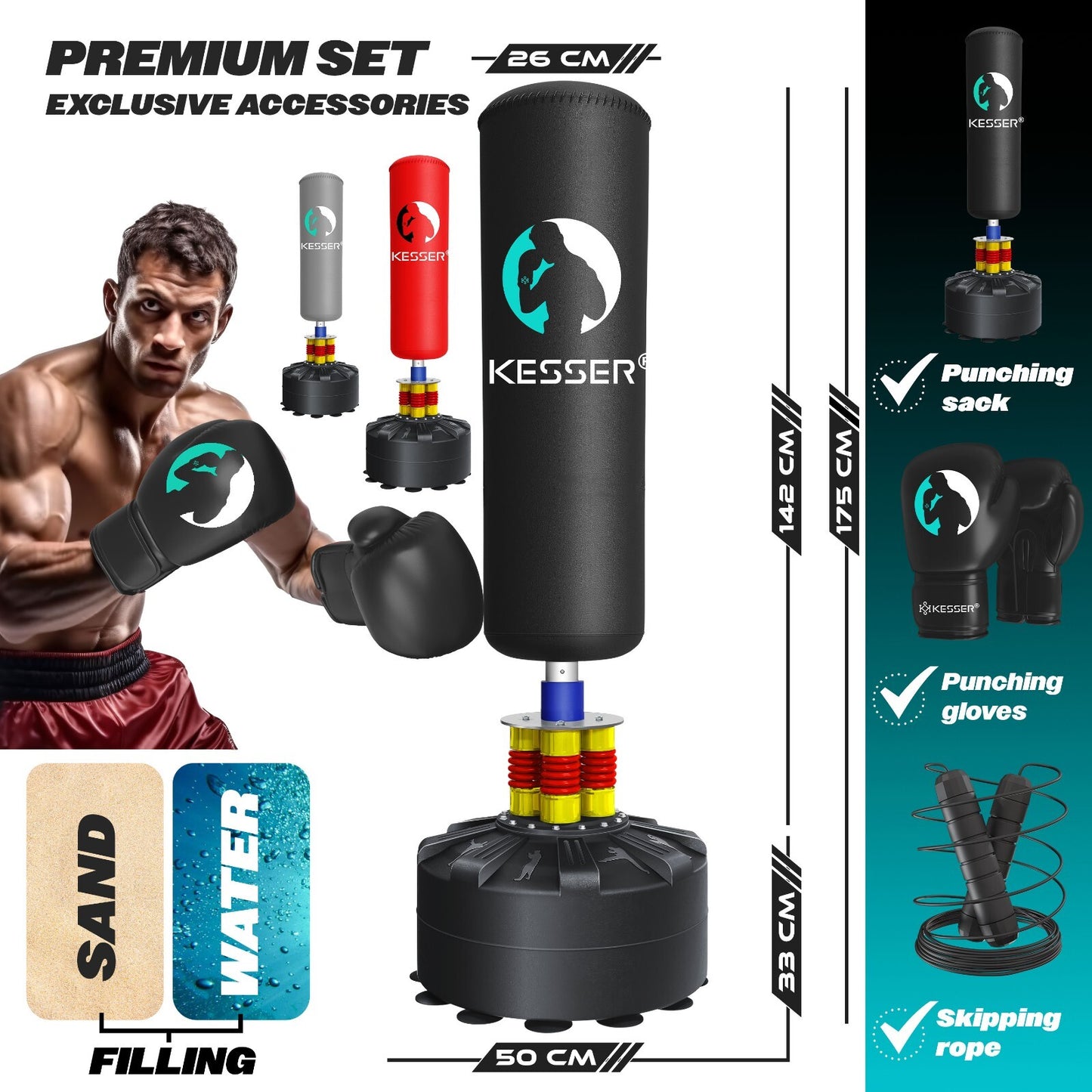 KESSER® Boxsack Set Boxhandschuhe Springseil Box Sandsack Punching Bag Stehend